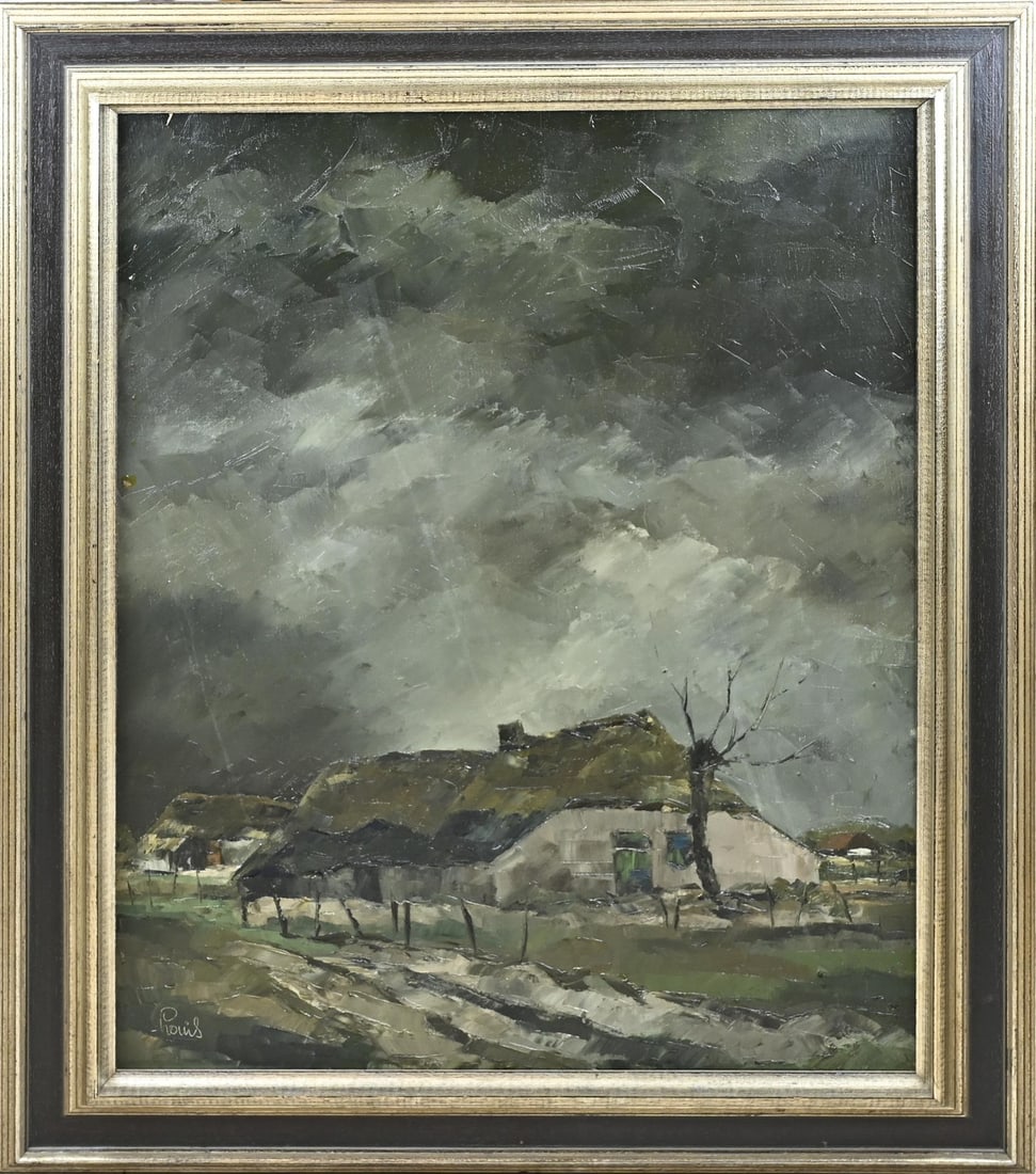 Louis, Farm with pollard willow: Louis. 1950s. Farm with pollard willow. Oil on canvas. Dimensions: H 80 x W 60 cm. In good condition.