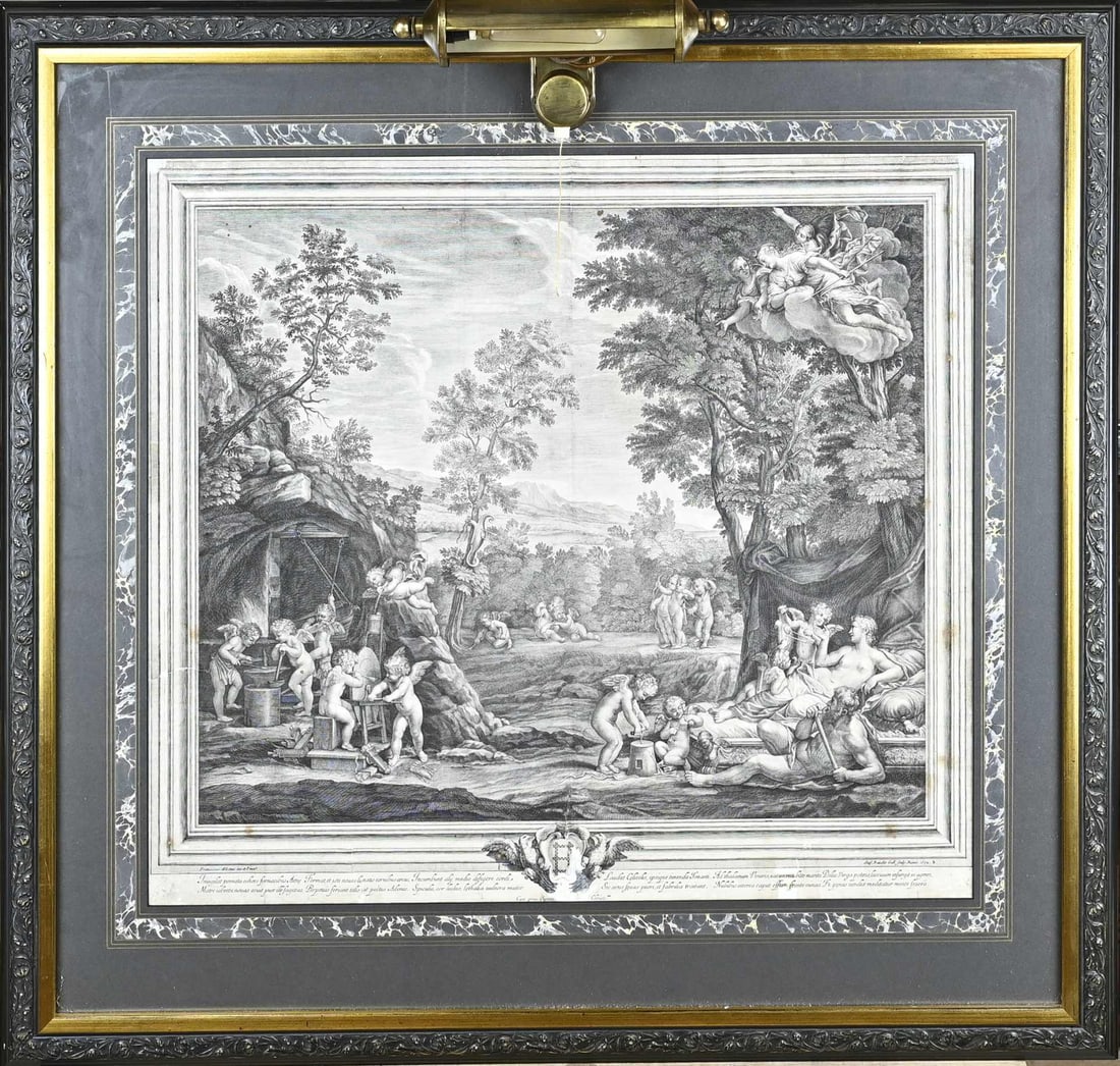 Antique engraving in frame: Antique engraving, Francesco Albani + Stef Baudet sculpture. Putti representation. 16th - 17th century. Restorations. Engraving on paper. Dimensions: H 60 x W 67 cm. In reasonable condition.