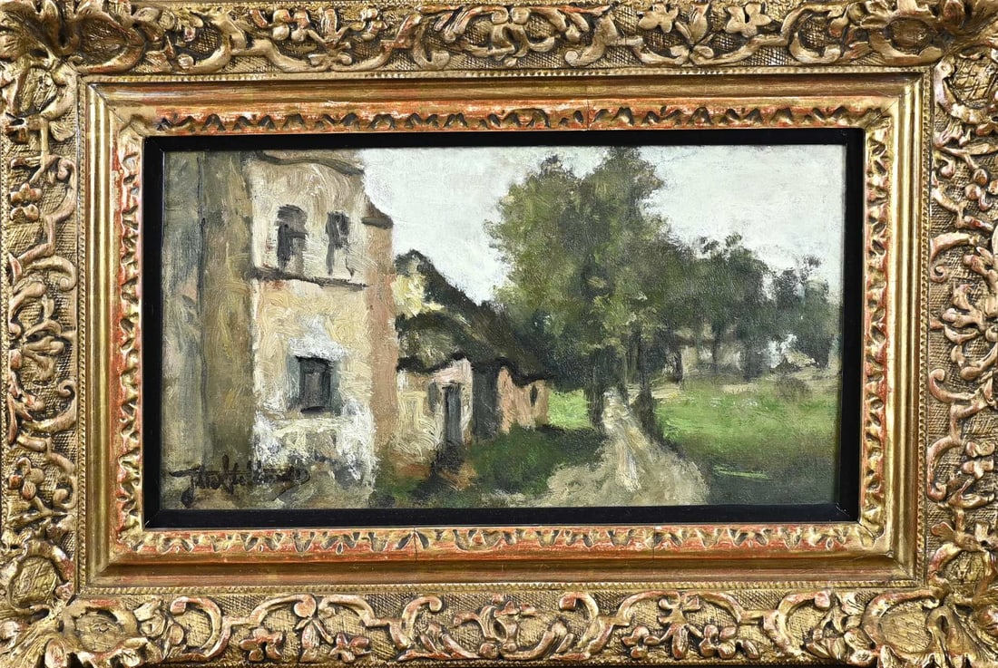 J. Stobbaerts, Belgian landscape: J. Stobbaerts. 1838 - 1914. Belgian School. Belgian landscape with house. Oil on panel. Dimensions: H 17.5 x W 32.5 cm. In good condition.