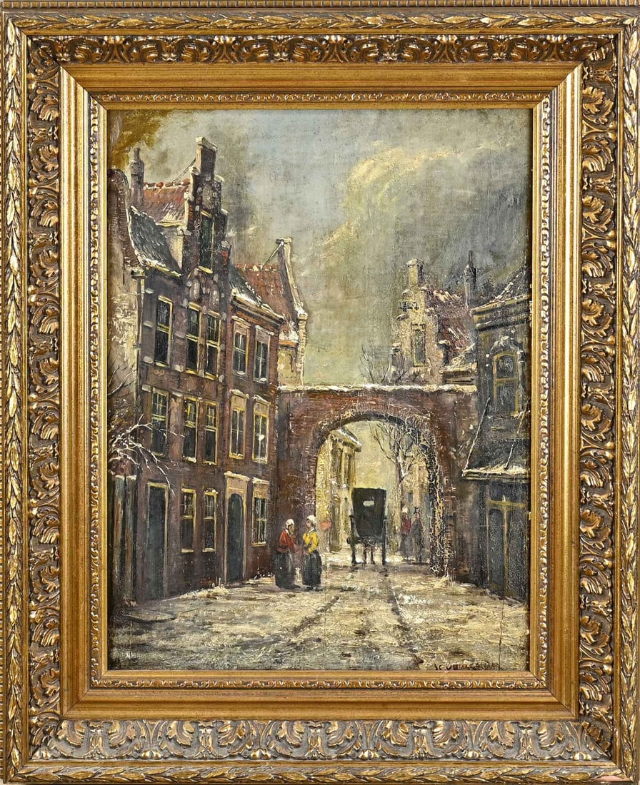 JC van Wassenaar, Winter village street: JC van Wassenaar. Circa 1900. Winter village street with figures. Oil on panel. Dimensions: H 36 x W 27 cm. In reasonable/good condition.