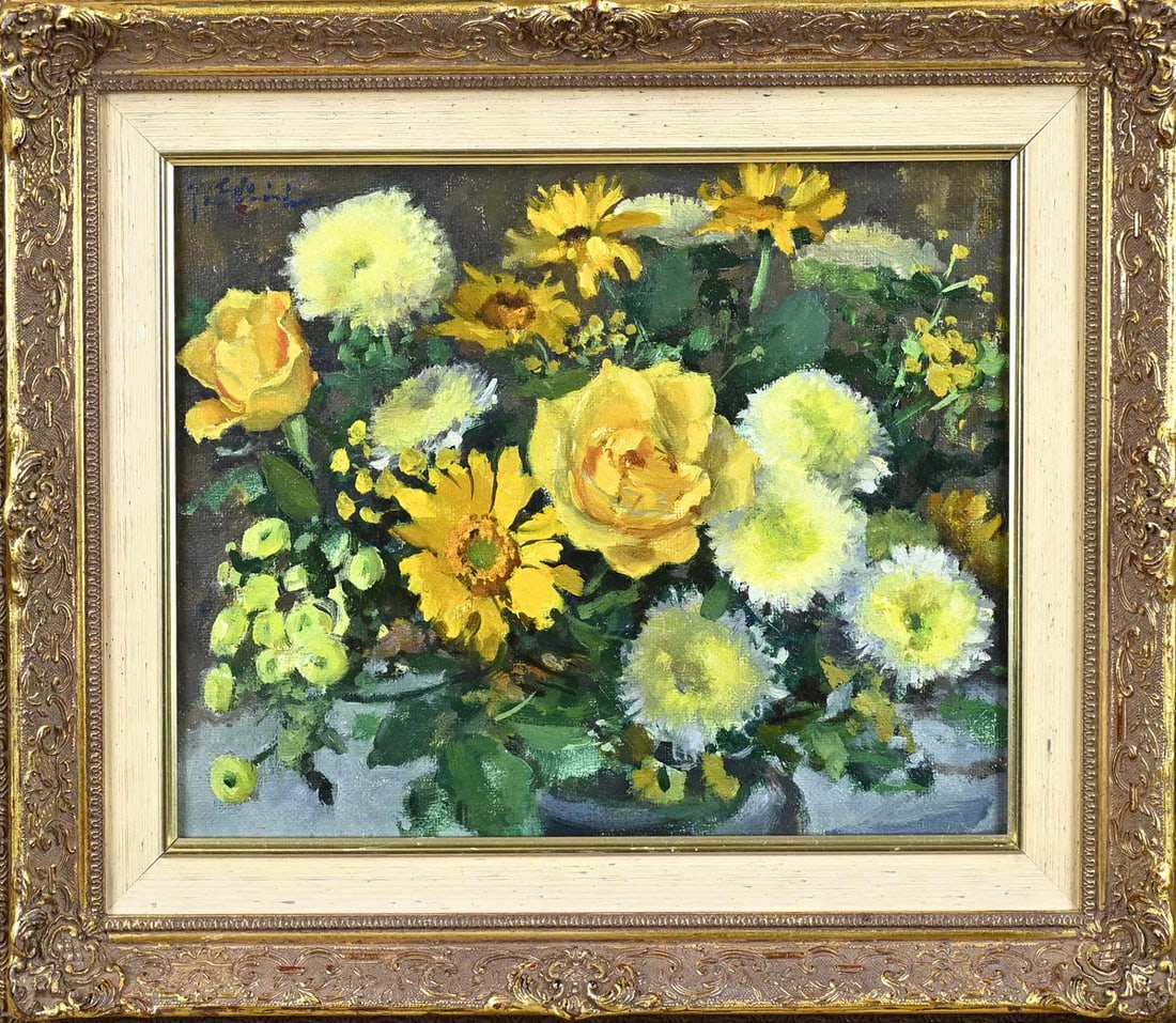 Joop Stierhout, Flowers in a vase: Joop Stierhout. 1911 - 1997. Flowers on vase. Oil on canvas. Dimensions: H 24 x W 30 cm. In good condition.