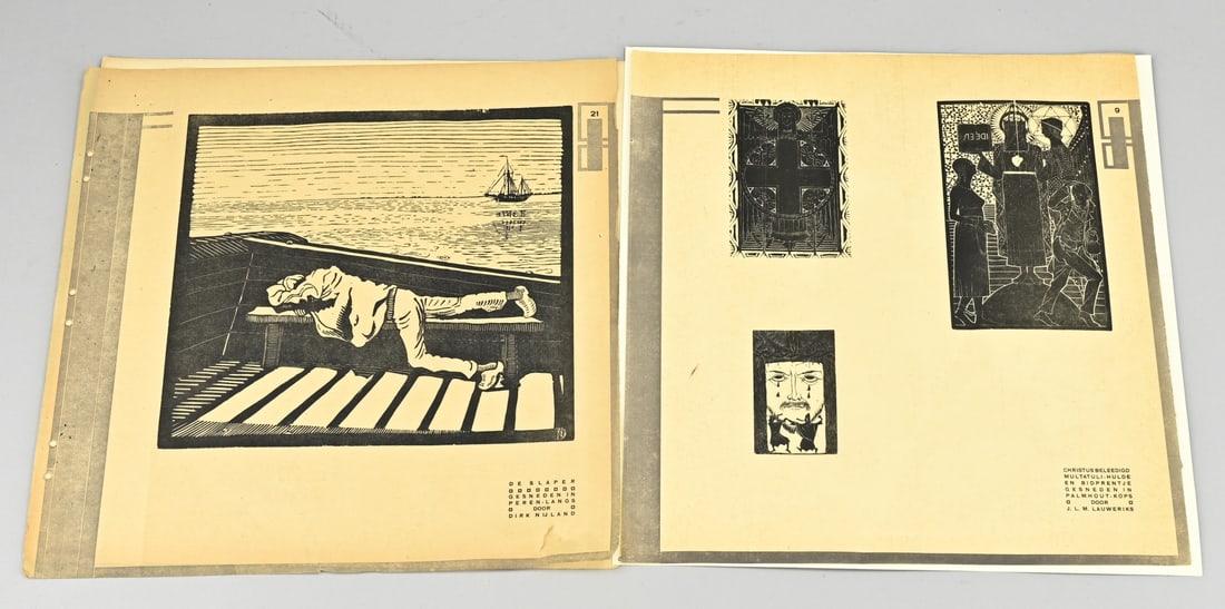 Lauweriks/D. Nijland, Woodcut: Two antique woodcuts on rice paper. 1x The sleeper, by Dirk Nijland, 1881 - 1955. 1x Christ insulted, by JLM Lauweriks, 1864 - 1932. Dimensions: H 32 x W 32 cm. In good condition.
