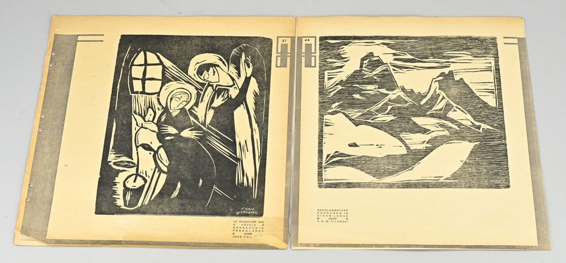 Joan Collette/Filarski, 2x Woodcut: Two woodcuts on rice paper. 1x Joan Collette, the message of the angels. 1x AHW Filarski, 1885 - 1964. Mountain landscape. Woodcuts on rice paper. Size: 30 x 30 cm. In good condition.