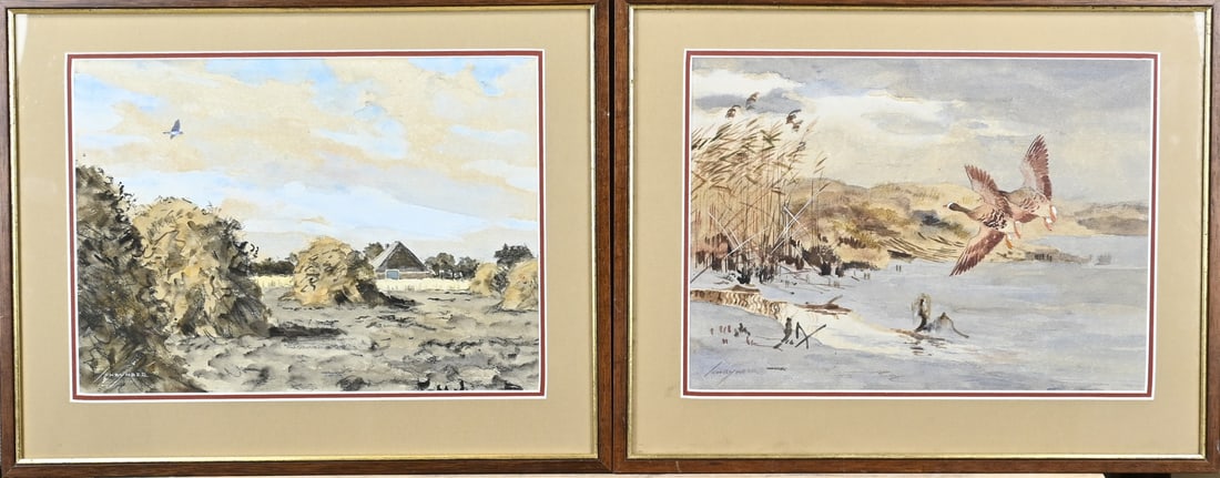 Pendant Jo Schrijnder, Flying Birds: Pendant Jo Schrijnder. 1894 - 1968. Two watercolours with flying birds. Dimensions: H 27 x W 37 cm. In good condition.