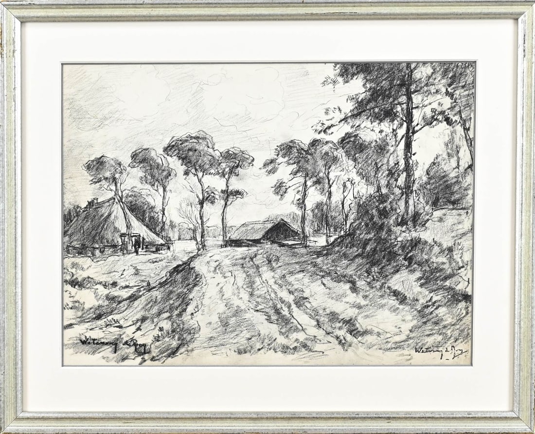 vd Wetering de Rooij, Landscape with a farm: vd Wetering de Rooij. 1877 - 1972. Landscape with farm. Charcoal on paper. Dimensions: H 26 x W 35 cm. In good condition.