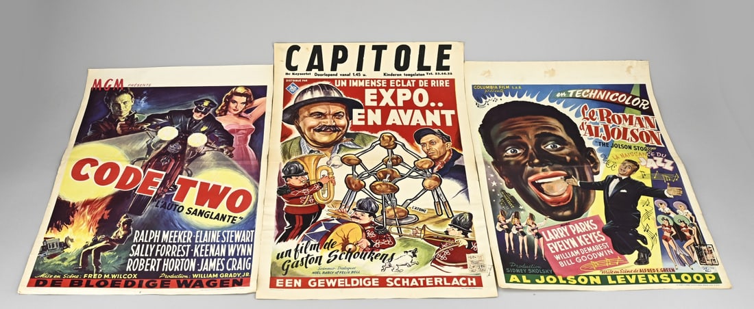 3x Cinema poster: Three Dutch cinema posters from the 50s. 1x Code Two. 1x The Jolsa story. 1x A great brilliance. Dimensions: H 50 x W 35 cm. In reasonable/good condition.
