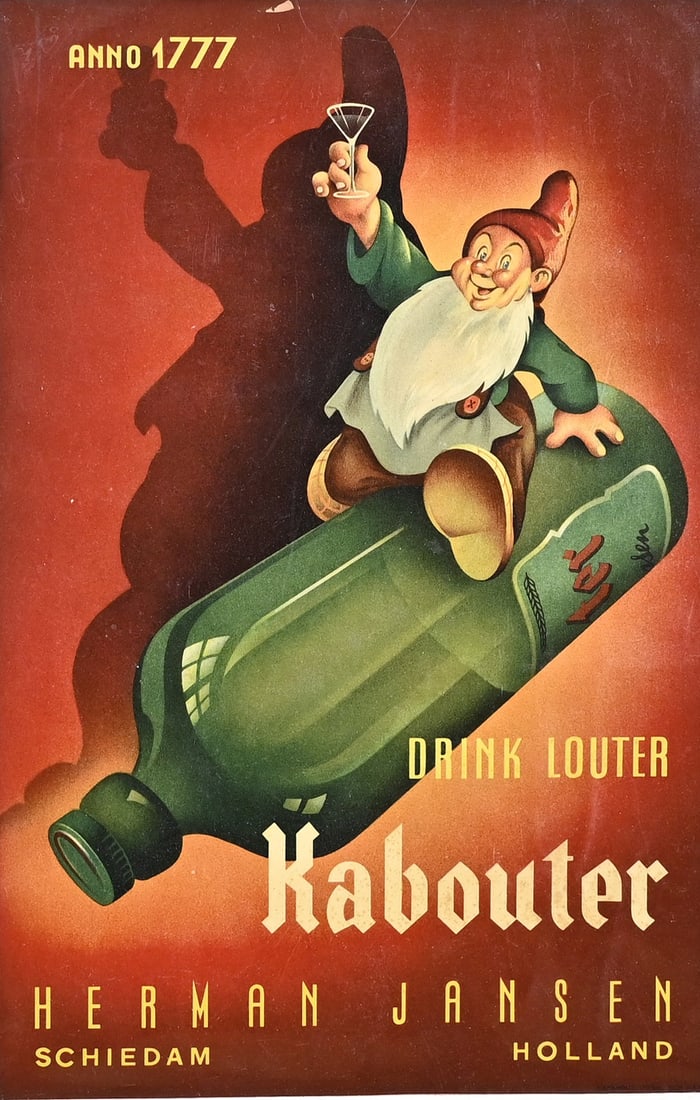 Poster, Drink Only Gnome: Dutch poster; 'Drink Louter Kabouter'. Herman Jansen - Schiedam. 1950s. Dimensions: H 44 x W 29 cm. In good condition.