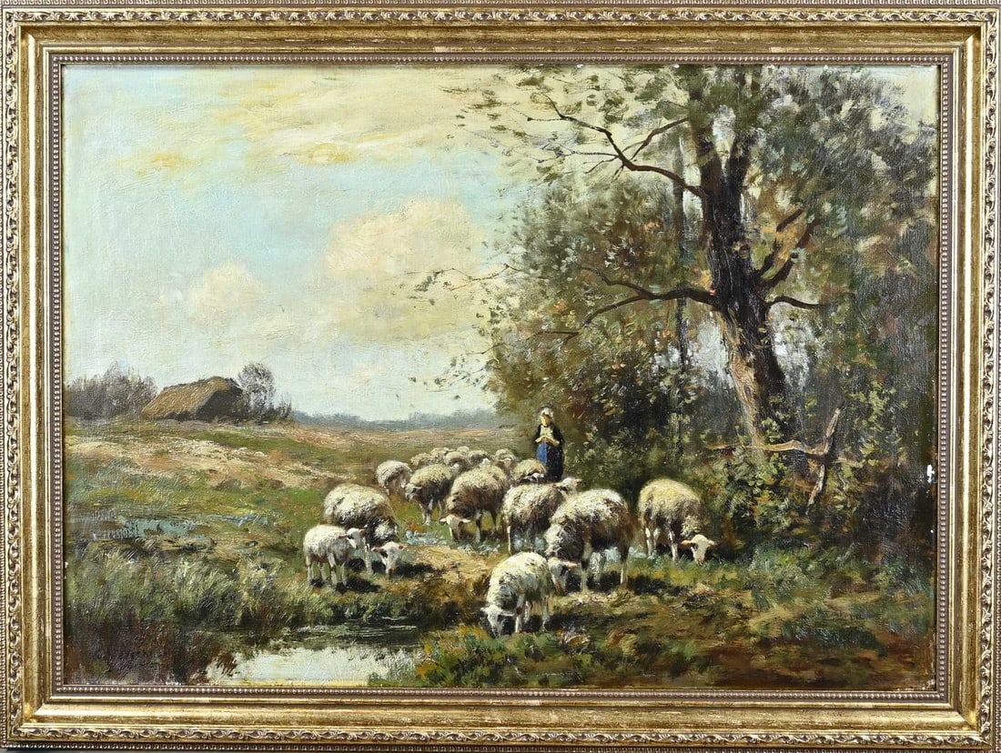 C. Verschuur, Shepherdess with flock of sheep: C. Verschuur. 1888 - 1966. Shepherdess with flock of sheep. Oil on canvas. Dimensions: H 50 x W 70 cm. In good condition.