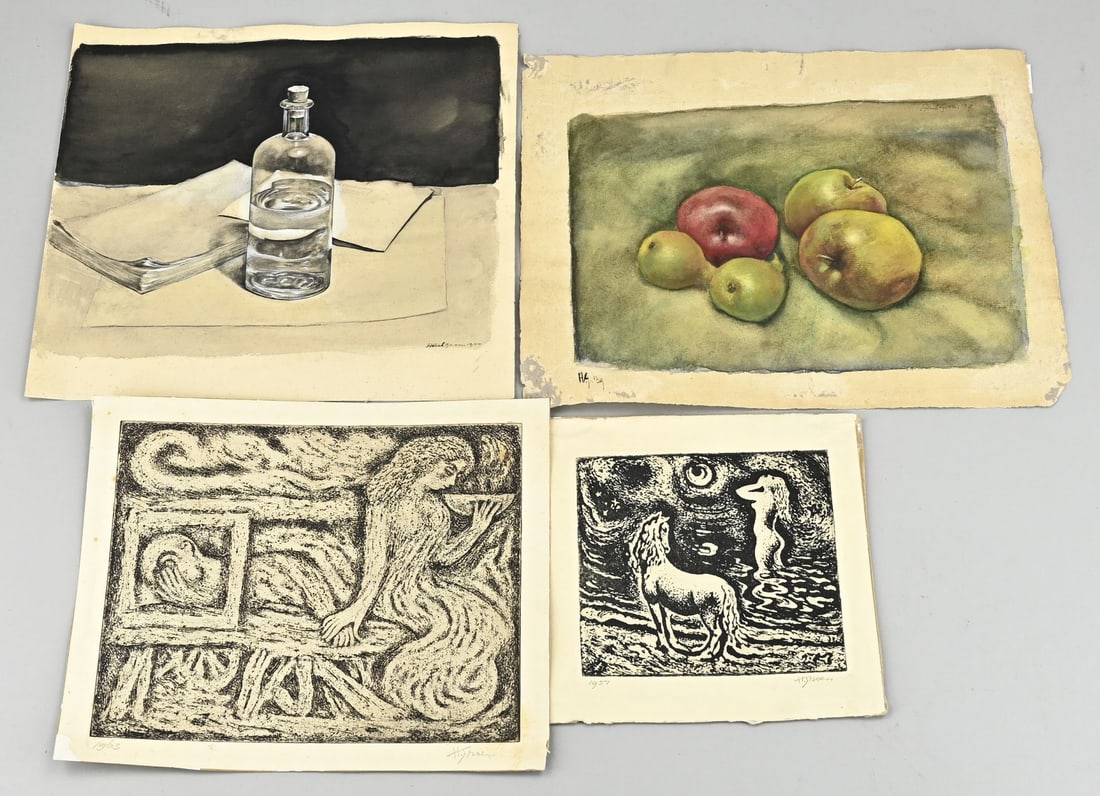 4x HJ Green, 2x Watercolor / 2x Etching: Four works by HJ Groen. Various, on paper. 2x Watercolour. 2x Etchings on paper. Size: 15 - 28 cm. In good condition.