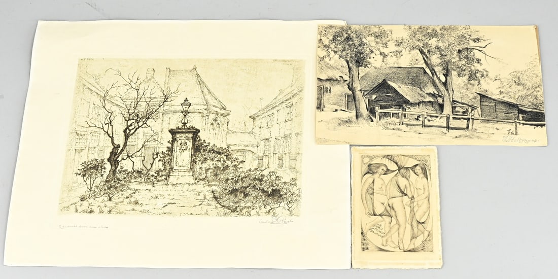 3x Dutch work: 3x Dutch graphic/drawing. 1x Etching Gommer Lemmerns, three graces (author). 1x Etching Anton Pieck, Binnenhof 1895 - 1987. 1x Drawing by Jan Holtrop 1948, 1917 - 1995. Size: 15 - 37 cm. In good condi