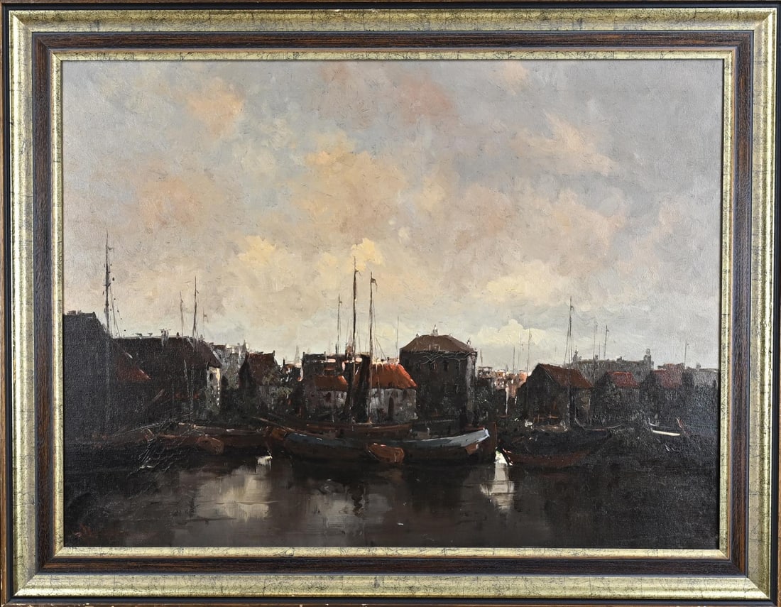 Rob de Haan, Dutch harbour view: Rob de Haan. 1943 - . Dutch harbour view. Oil on canvas. Dimensions: H 60 x W 80 cm. In good condition.