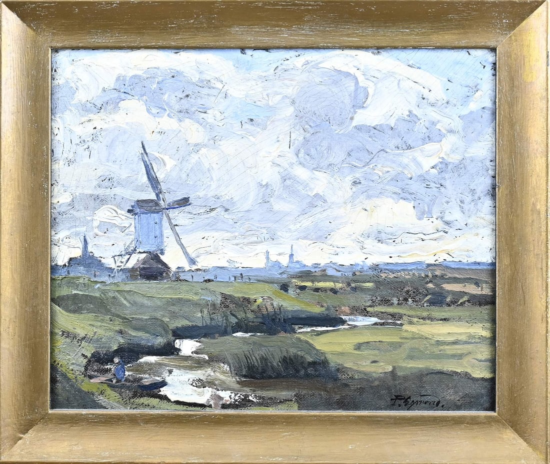 Pieter Egmond, Landscape with stream and windmill: Pieter Egmond. 1864 - 1908. Landscape with stream and windmill. Oil on canvas. Marouflé. Dimensions: H 22 x W 26 cm. In good condition.