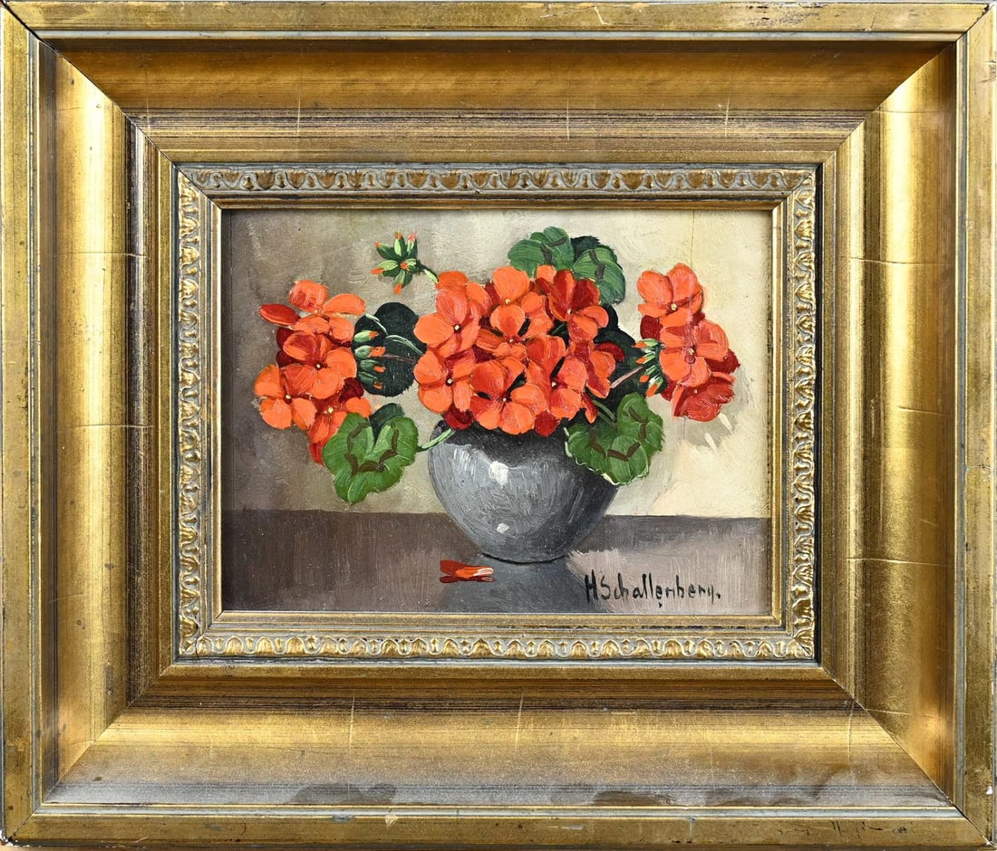 H. Schallenberg, Ball vase with flowers: H. Schallenberg. 1883 - 1981. Ball vase with flowers. Oil on panel. Dimensions: H 18 x W 25 cm. In good condition.