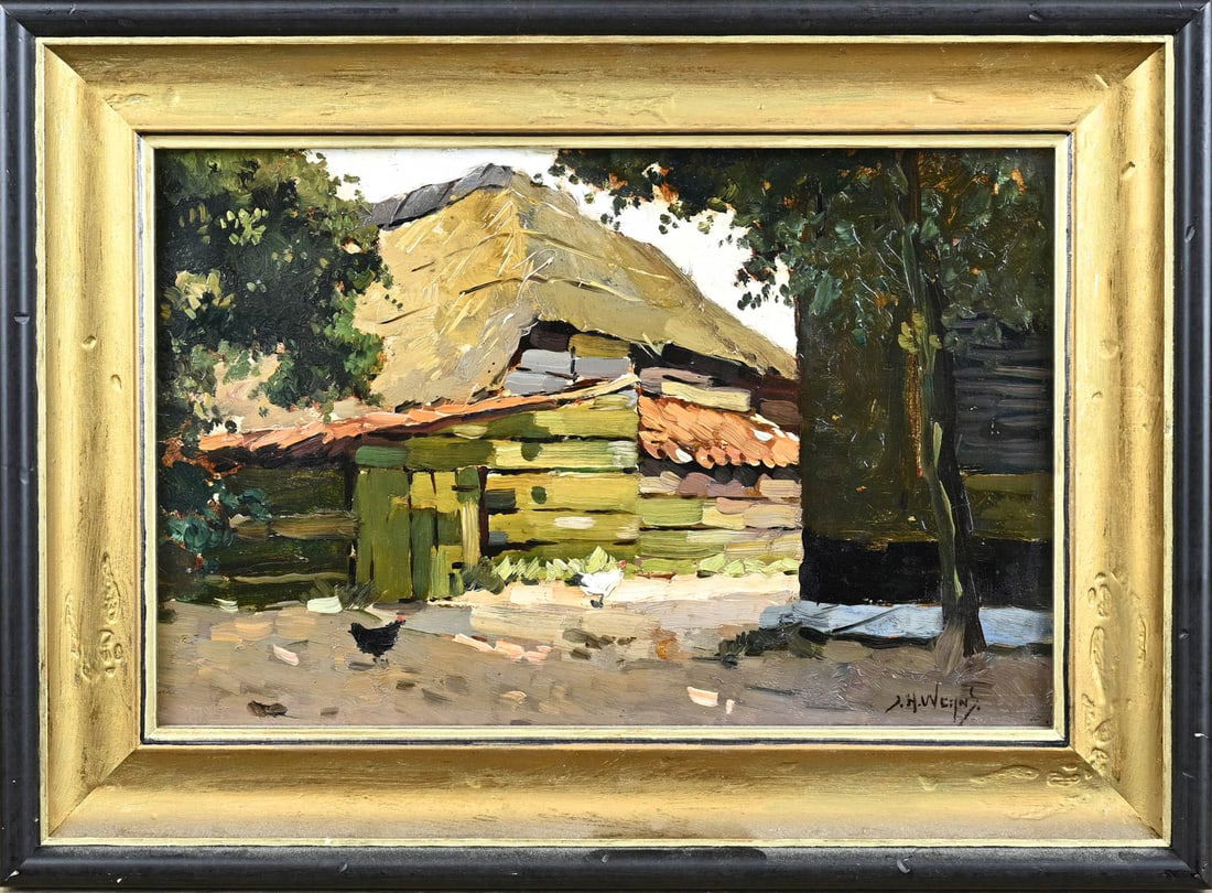 JH Weijns, Farm shed with chickens: JH Weijns. 1864 - 1945. Barn with chickens. Oil on panel. Dimensions: H 21 x W 31 cm. In good condition.
