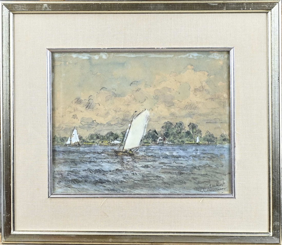 Pieter de Regt, Sailing boats on a Dutch lake: Pieter de Regt. 1877 - 1960. Sailing boats on a Dutch lake. Mixed media on paper. Dimensions: H 24 x W 30 cm. In good condition.