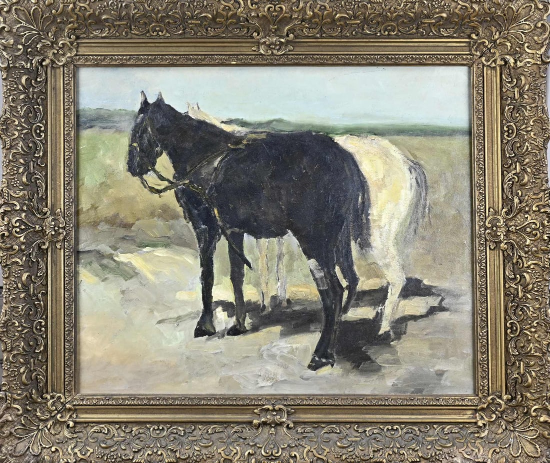 Unsigned, Two resting draft horses: Unsigned. 20th Century. Two resting draft horses. Oil on painter's cardboard. Dimensions: H 50 x W 60 cm. In good condition.