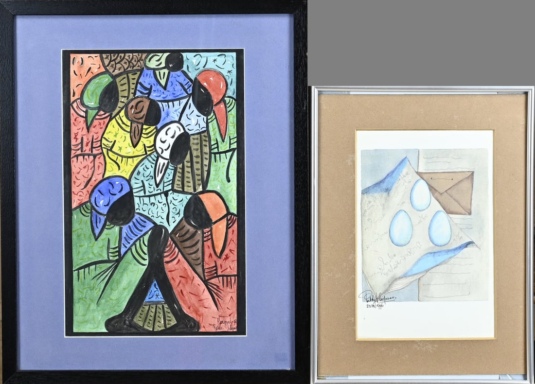 2x Patty Harpenau/Margriet Koster Schepers, Lithograph + watercolor: Two works by Patty Harpenau/Margriet Koster Schepers. 1959 - . 1x Lithograph, 1993, Eggs + letter. 1x Watercolor, Margriet Koster Schepers. Size: 28 - 40 cm. In good condition.