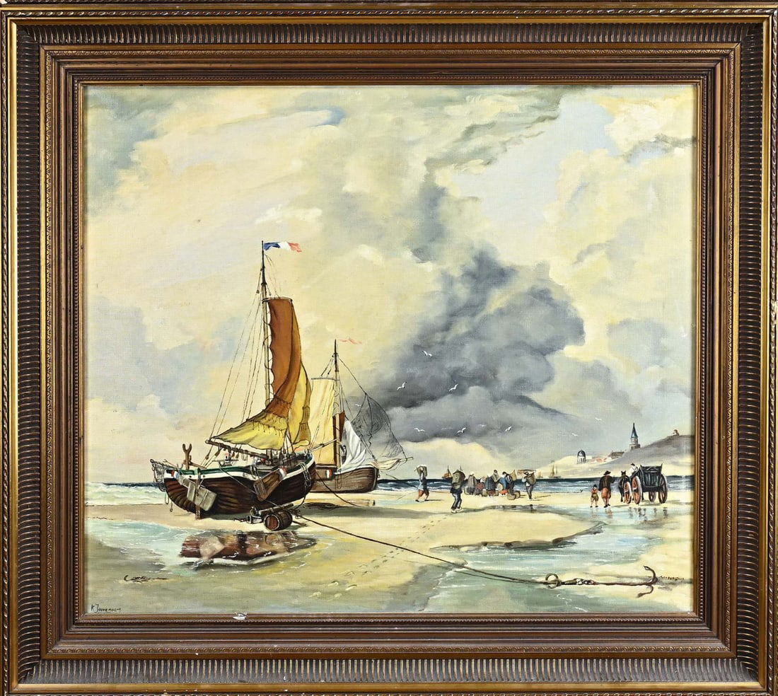 K. Jouvenaart, Beach view with fishermen and fishing boats: K. Jouvenaart. 20th Century. Beach scene with fishermen and fishing boats. Oil on canvas. Dimensions: H 60 x W 70 cm. In good condition.