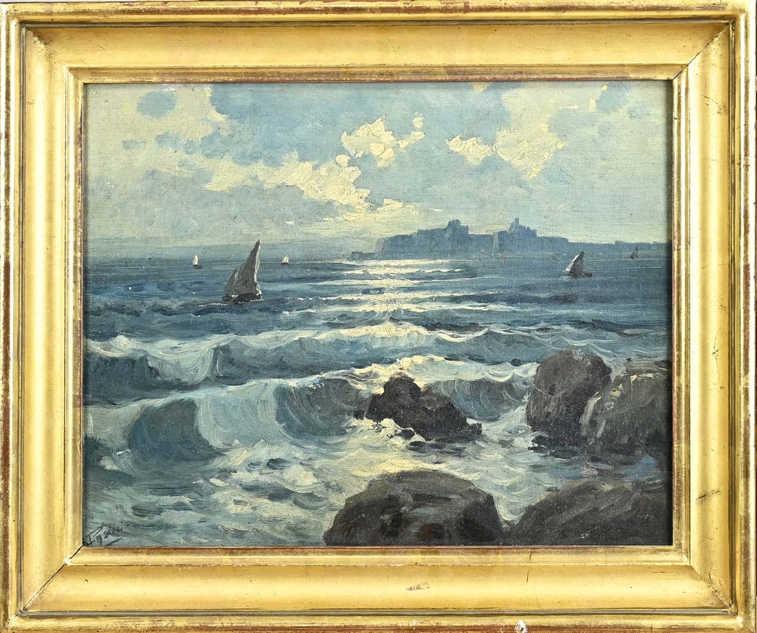 E. Pasini, View of Capri.: E. Pasini. Circa 1930. Verso Capri von Sarrent. View of Capri at sunset. Oil on canvas. Marouflé. Dimensions: H 31 x W 40 cm. In good condition.