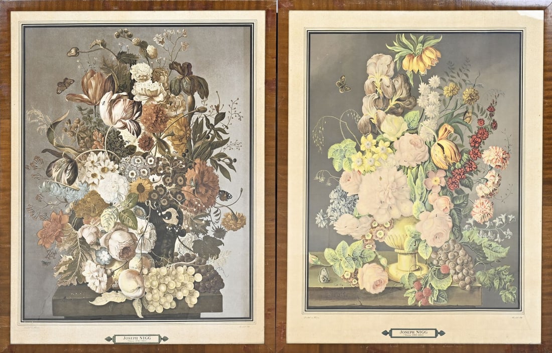 2x Joseph Nigg, Flower still lifes: 2x Joseph Nigg, color lithographs. 1782 - 1863, Vienna. Flower still lifes. Lithographs on paper. Dimensions: H 78 x W 60 cm. In good condition.