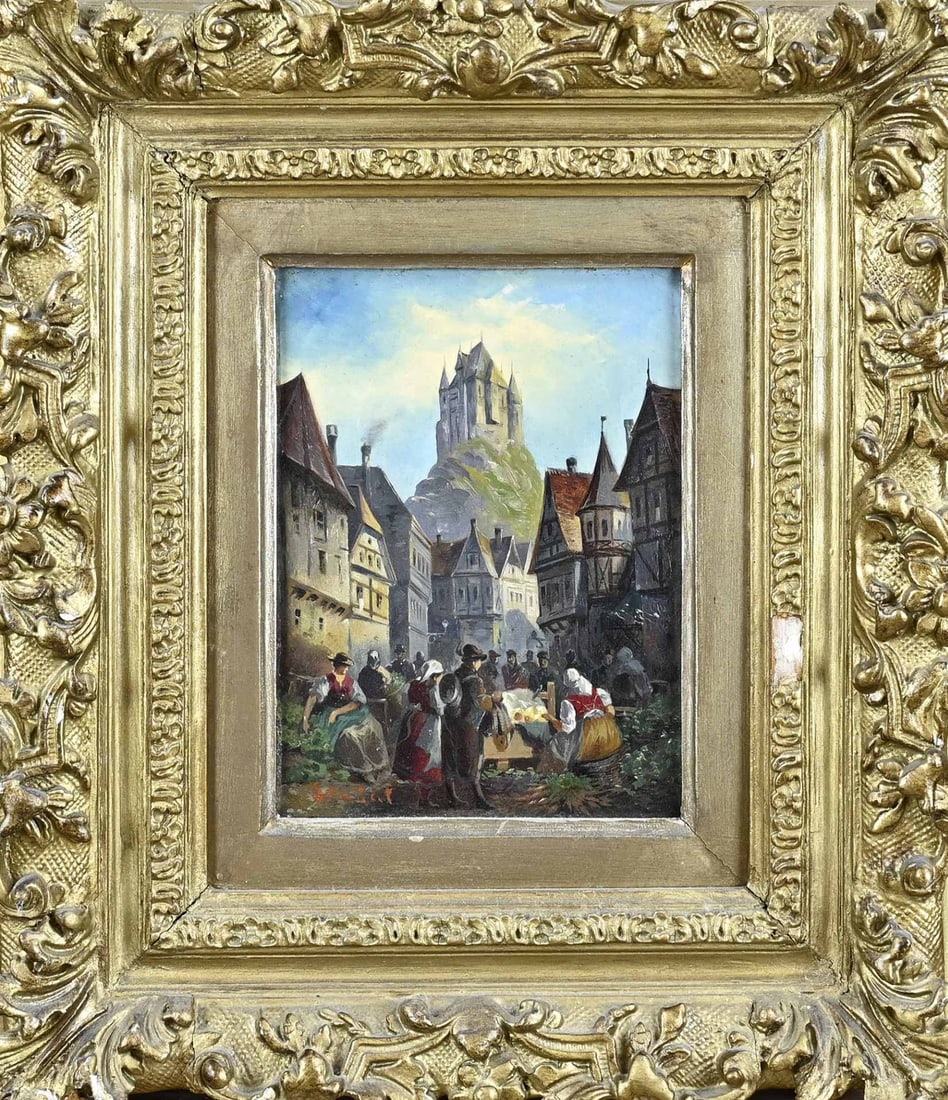 Grubat, South German village: Signed Grubat. Circa 1890. South German village with many figures on market. Oil on panel. Dimensions: H 20 x W 15 cm. In good condition.