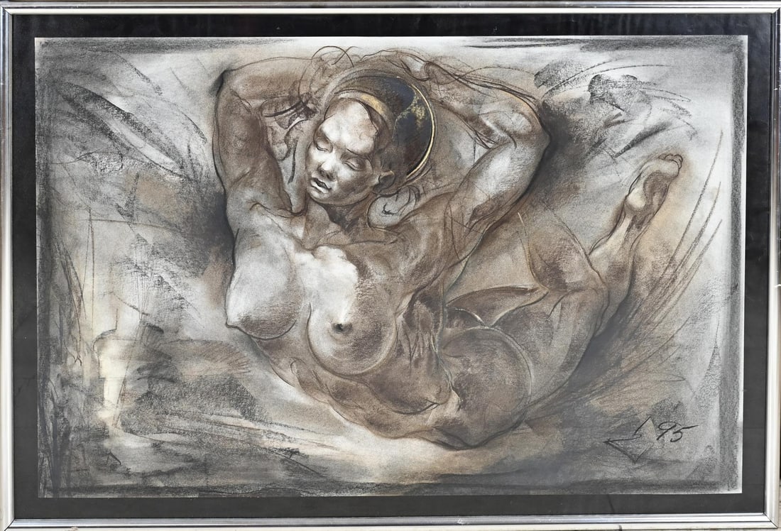 Pavel Cerneki, Floating Woman: Pavel Cerneki,. 1995. Floating woman. Mixed media on paper. Dimensions: H 55 x W 55 cm. In good condition.