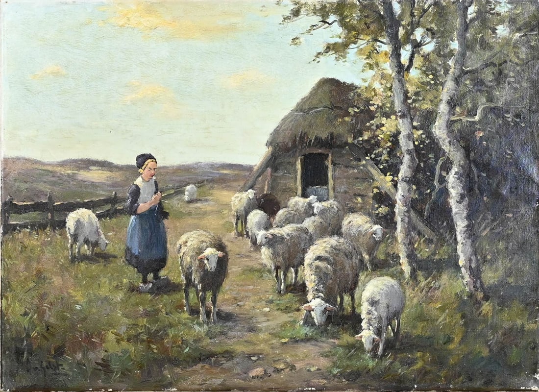A. van Gilst, Shepherdess with sheep: A. van Gilst. 1898 - 1981. Shepherdess with sheep at sheepfold. Oil on canvas. Dimensions: H 50 x W 60 cm. In good condition.