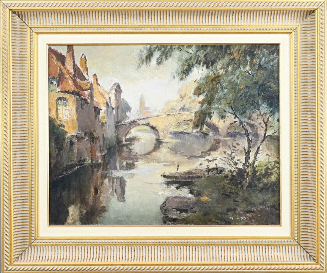 van Neste, Canal view Bruges: Alfred van Neste. 1874 - 1969. Belgian School. Oil painting. Canal view of Bruges. Dimensions: 40x50cm. In good condition.