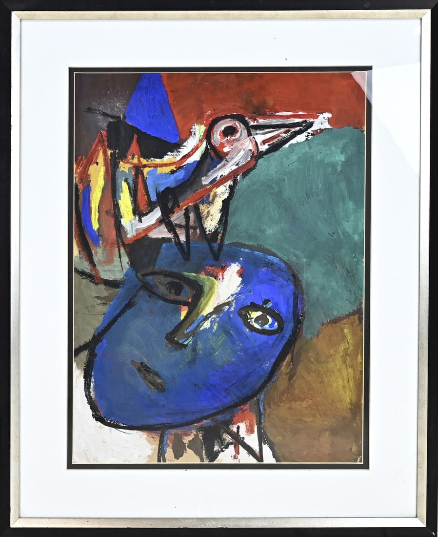 Unsigned (Cobra), Face with bird: Unsigned. Cobra. 70s. Dutch School. Face with bird. Oil on paper. Dimensions: H 70 x W 51 cm. In good condition.