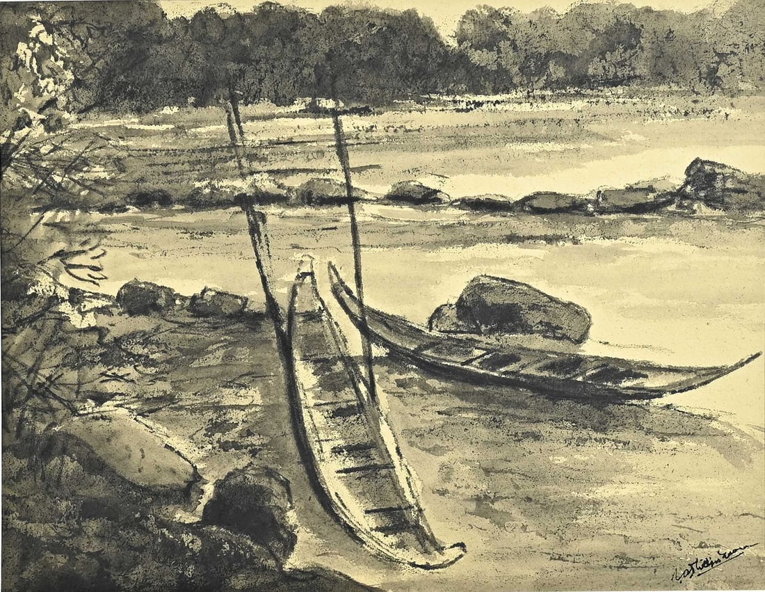 Philip Zoon, Surinamese river view: Philip Zoon. 20th Century. Surinamese School. Surinamese river view. Mixed media on paper. Dimensions: H 55 x W 71 cm. In good condition.