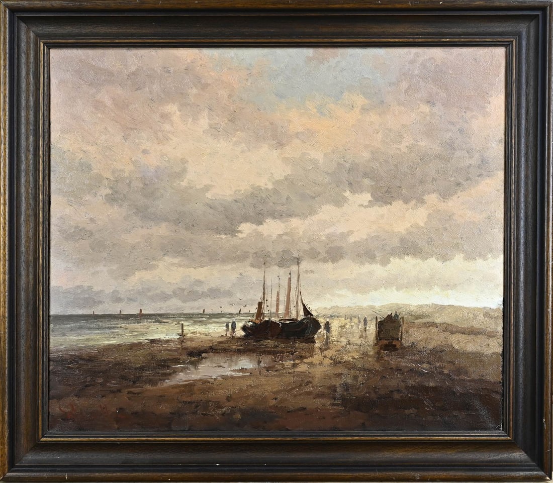Rob de Haan, Boats on the beach with fishing people: Rob de Haan. 1943 - . Bombing boats on the beach with fishermen. Oil on canvas. Dimensions: H 50 x W 60 cm. In good condition.