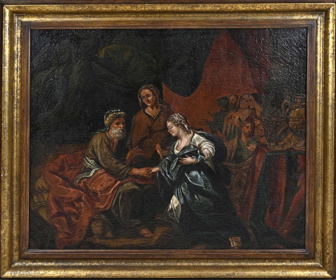 Unsigned, Religious figures representation: Unsigned. Circa 1800. Religious figures representation. Oil on linen. Relining. Dimensions: H 62 x W 74 cm. In fair/good condition.