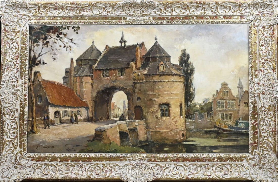 A. van Neste, Bruges: Alfred van Neste. 1874 - 1969. Belgian School. Cityscape of Bruges with figures. Oil on canvas. Dimensions: H 60 x W 100 cm. In good condition.