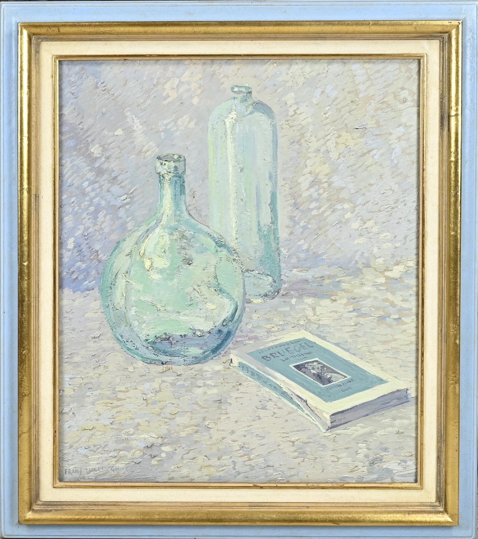 Frans Tullingh, Still life: Frans Tullingh. 1876 - 1943. Still life with bottles and book Bruegel. Oil on linen. Dimensions: H 60 x W 50 cm. In good condition.