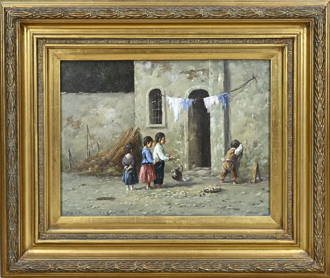 Unsigned, Children playing at home: Unsigned. Second half 20th century. Playing children at house. Oil on panel. Dimensions: H 30 x W 41 cm. In good condition.