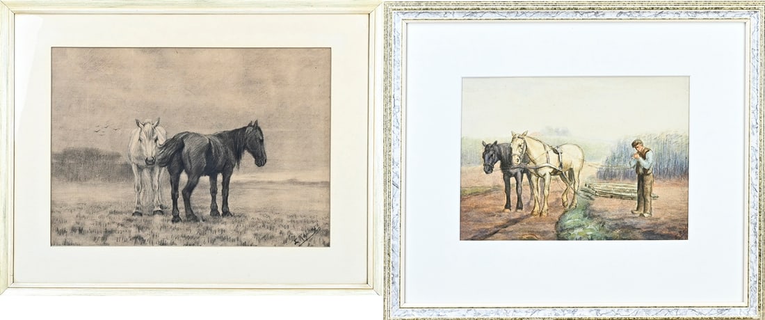 2x Evert Rabbers, Resting horses: 2 works by Evert Rabbers. 1875 - 1967 Enschede. Resting horses. Charcoal on paper. Dimensions: H 40 x W 56 cm. and Farmer with horse team and harrow. Watercolor on paper. Dimensions: H 21 x W 28 cm.