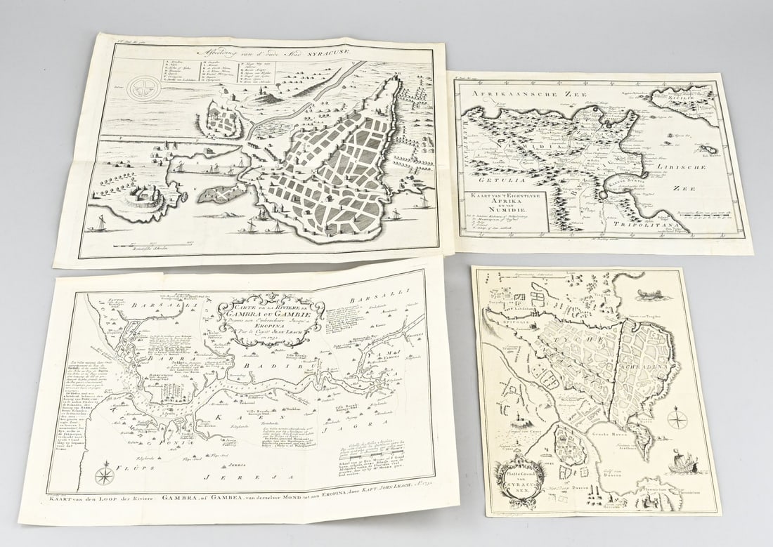 Lot of maps/plans (4x): Four antique maps. 17th - 18th Century. 1x Map of actual Africa and Numidia, 18th century. 1x Syracuse map, Roman period. C. van Baarsel sculpsit. 1x Map Riviere de Gambra ou Gambie par le capiteire