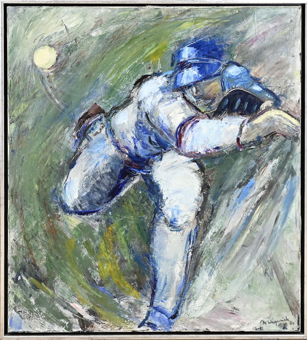 M. Wiegerinck, Baseball Pitcher: M. Wiegerinck, 1984. Baseball pitcher. Oil on canvas. Dimensions: H 100 x W 90 cm. In good condition.