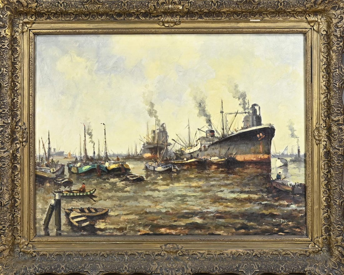 Wim Bos, Ships in the Port of Rotterdam: Wim Bos. 1906 - 1977. Rotterdam's harbour view. Oil on canvas. Dimensions: H 60 x W 80 cm. In good condition.
