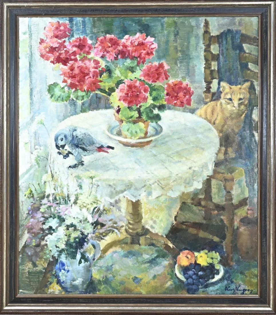 Lies Viegers, Still life: Lies Viegers. 1922 - 2012. Still life with cat and parrot. Oil on canvas. Dimensions: H 120 x W 100 cm. In good condition.
