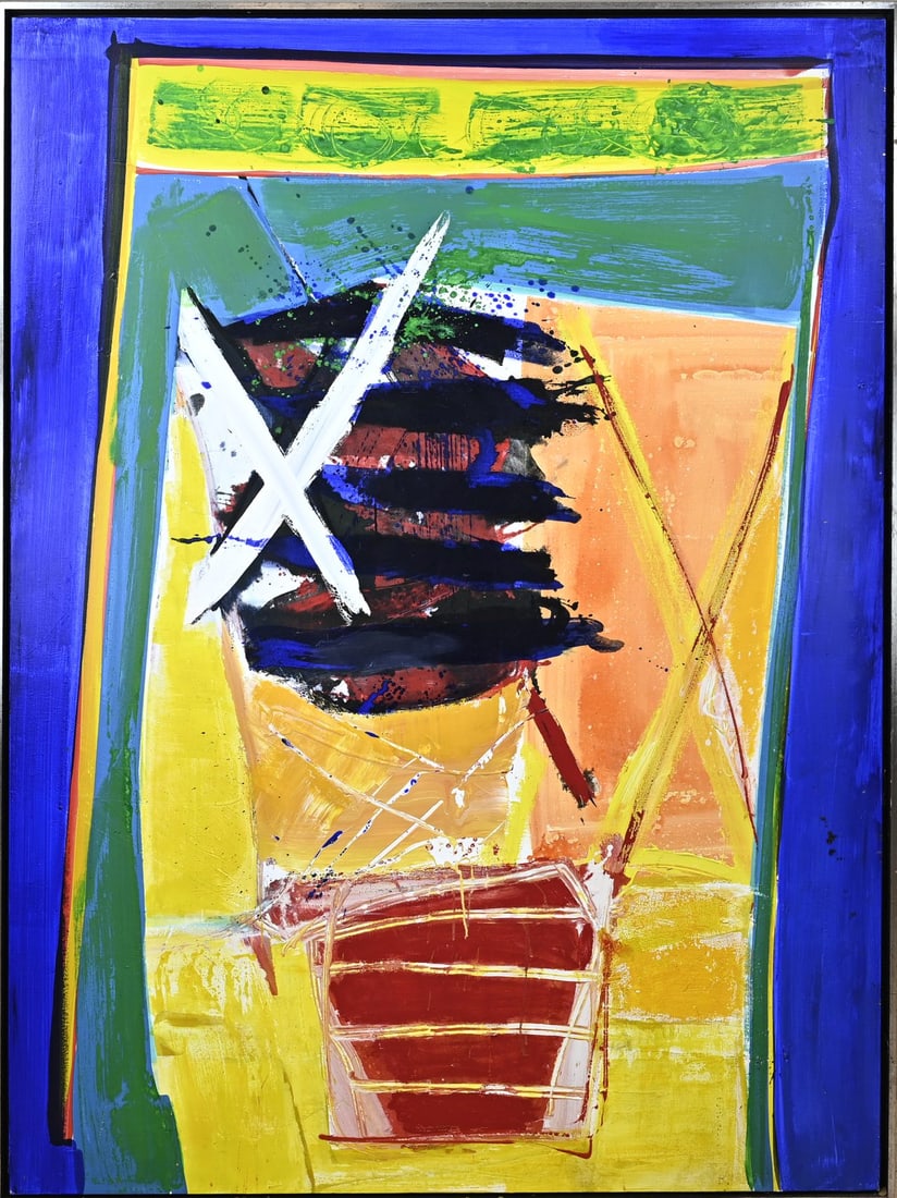 Unsigned, Composition with blue + white cross: Unsigned. Modern composition with blue + white cross. Oil on linen. Dimensions: H 150 x 200 cm. In good condition, can be hung upright or horizontally.