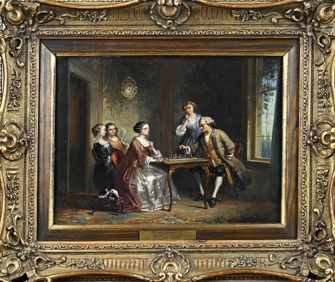 Henricus E. Reijntjens, Chess-playing figures 1859: Henricus Engelbertus Reijntjens. 1817 - 1900. 18th century interior with chess figures dated 1859. Oil on panel. Dimensions: H 21 x W 29 cm. In good condition.