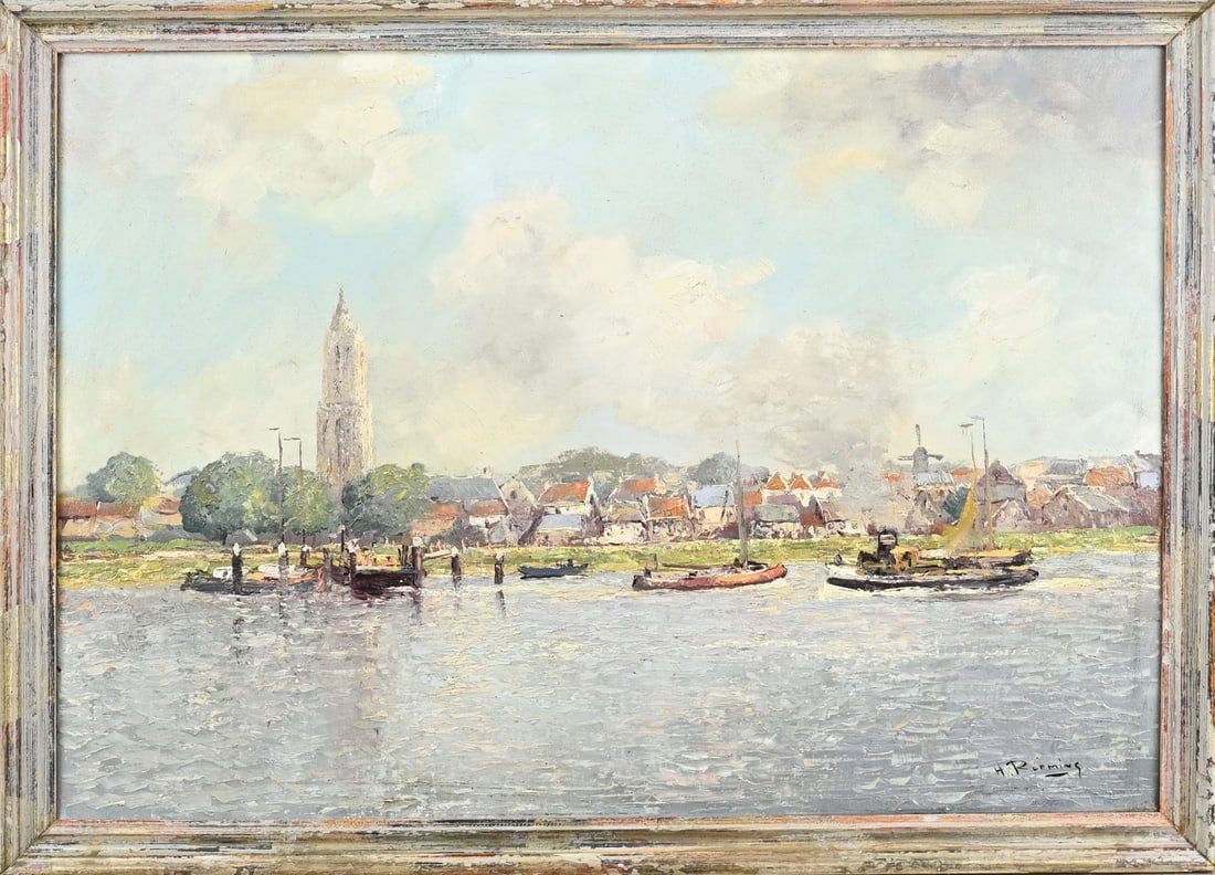 H. Roeming, Dutch river view: H. Roeming. Circa 1930. Dutch School. River view with city. Oil on canvas. Dimensions: H 51 x W 70.5 cm. In good condition.