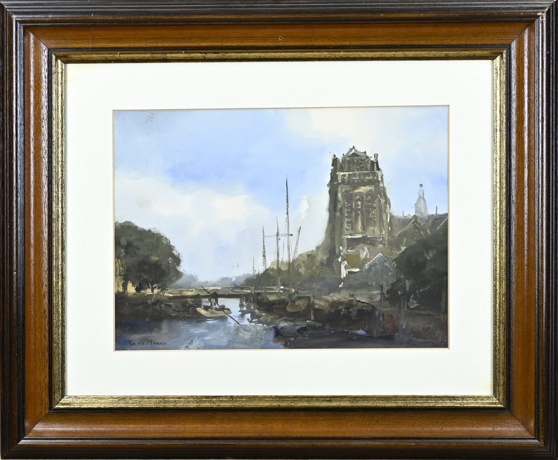 Jacob vd Meer, Dutch harbour view.: J. vd Meer. Pseudonym Terhell? Dutch harbour view. Gouache on paper. Dimensions: H 26 x W 38 cm. In good condition.