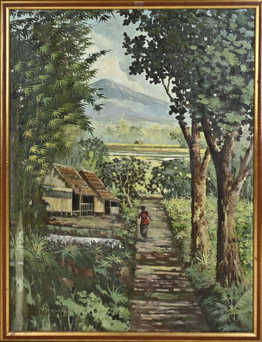 Hasin, Indonesian woman on hiking trail: Hasin. Indonesian School. 20th Century. Indonesian woman on footpath. Oil on canvas. Dimensions: H 92 x W 66 cm. In good condition.