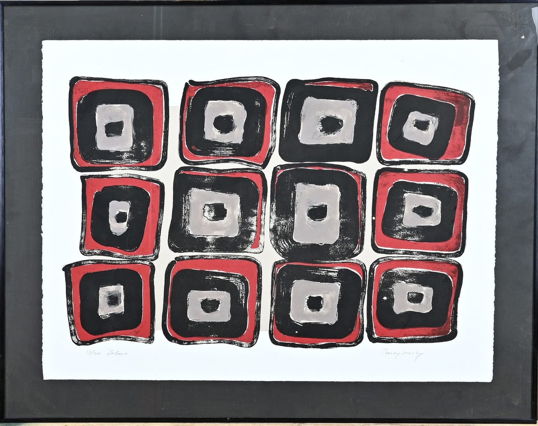 Penny Kinsky, Abstract: Penny Kinsky. No. 27/200. Title: Zalmo. Abstract composition. Lithograph on paper. Dimensions: H 60 x W 77 cm. In good condition.