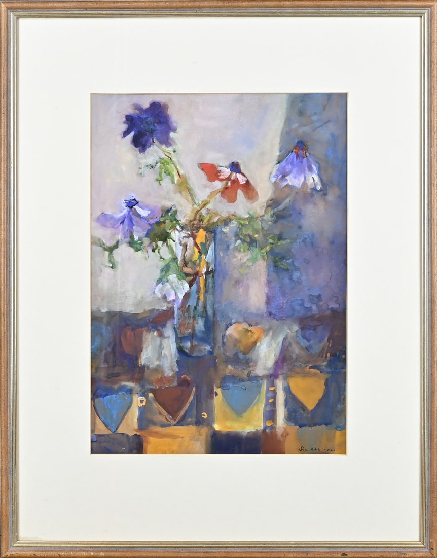 Sue Atkinson, Vase of Flowers: Sue Atkinson. 1949 - . United Kingdom. Vase with flowers. Watercolor on paper. Dimensions: H 40 x W 30 cm. In good condition.