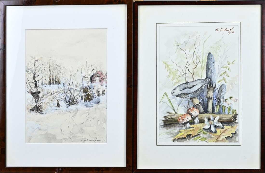 2x Watercolor, Winter landscape + Mushrooms: 2x Signed watercolor on paper. 20th Century. 1x Winter landscape. 1x Still life with mushrooms. Size: 28 - 29 cm. In good condition.