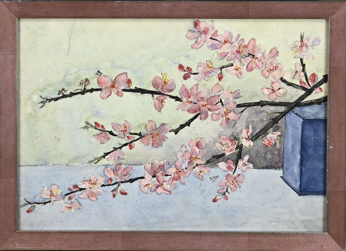 M. Hook, Blossom Branch: M. Hook. First half 20th century. Blossoming branches. Watercolour on paper. Dimensions: H 38 x W 20 cm. In good condition.