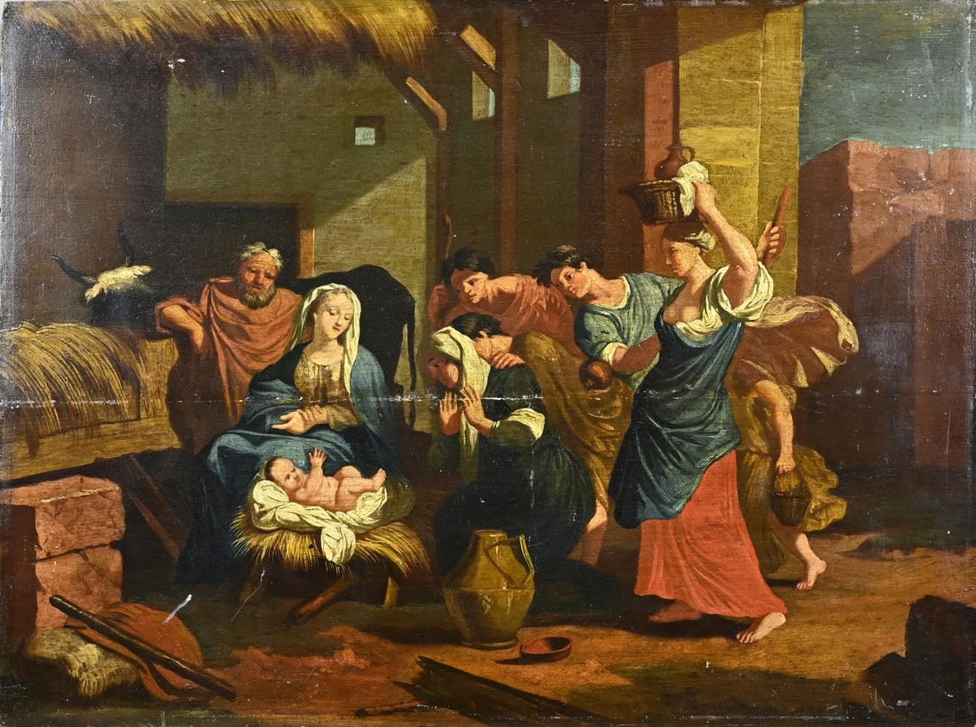 Unsigned, Birth of Jesus in a stable: Unsigned. 19th century. Birth of Jesus in stable with figures. Oil on panel. Dimensions: H 47 x W 61 cm. In reasonable/good condition.